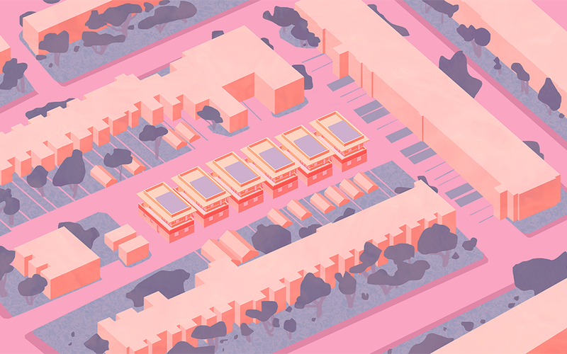 Stylized view of alley lots from above.