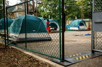 mock-up of sancitoned campsite in parking lot of Belong Church in North Capitoll Hill